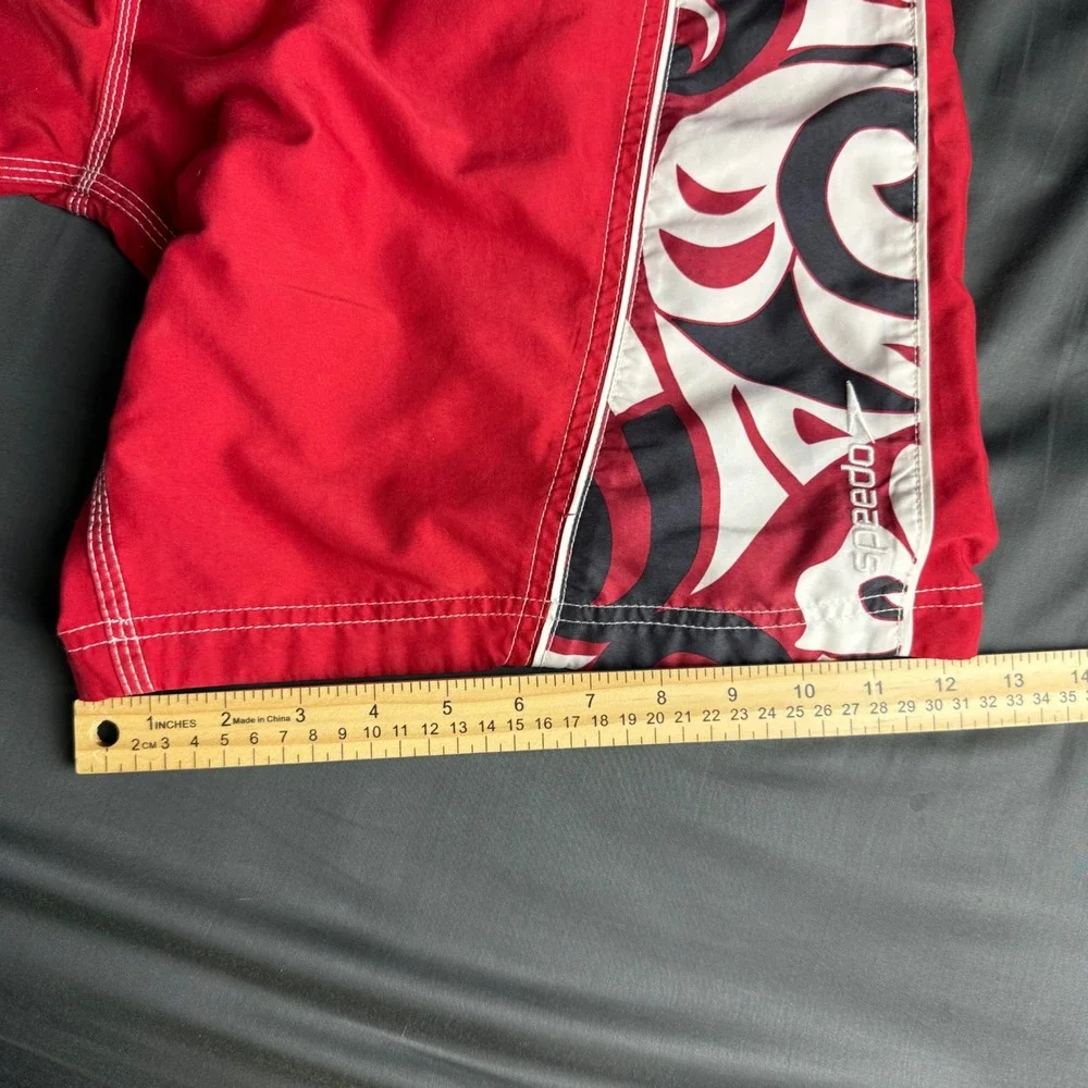 Speedo Mens Board Shorts Red Tribal Print Swim Trunks Lace Up Mesh Lined XL